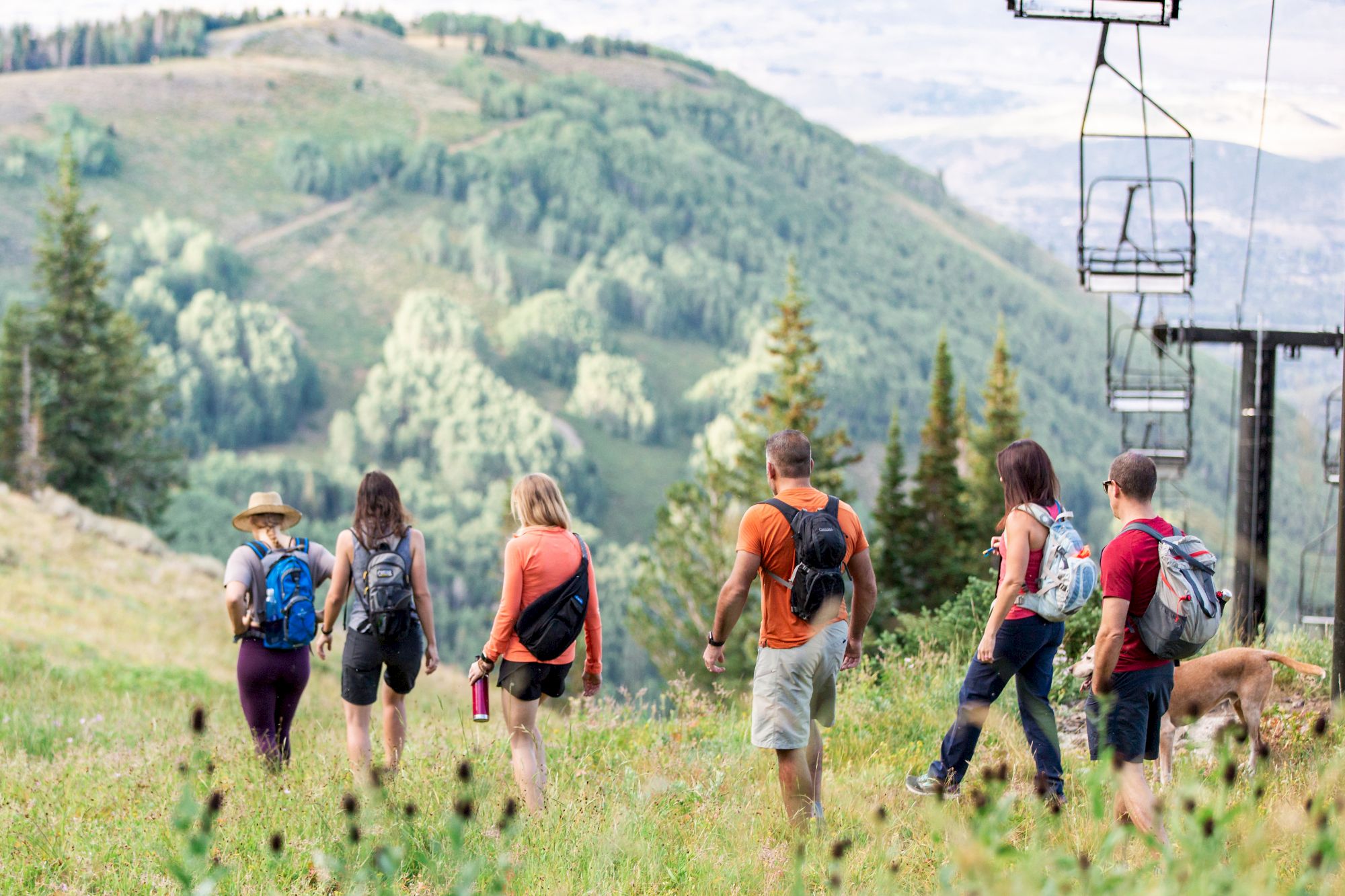 A group of hikers with backpacks walk along a grassy hillside, mountains in the background, near a chairlift.