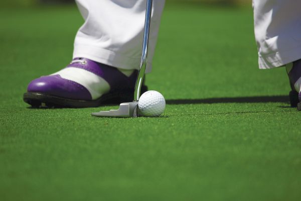 The image shows a golfer putting a golf ball on a green field, wearing purple and white shoes.