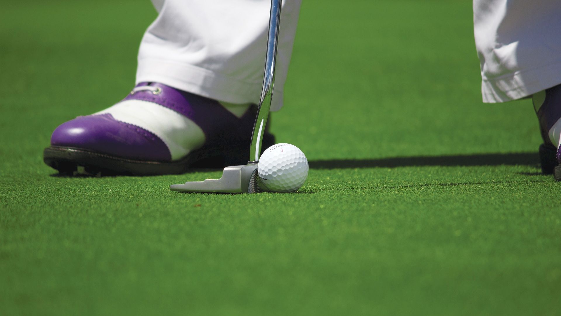 A person in white pants and purple shoes is playing golf, preparing to hit the ball with a putter on a green surface.