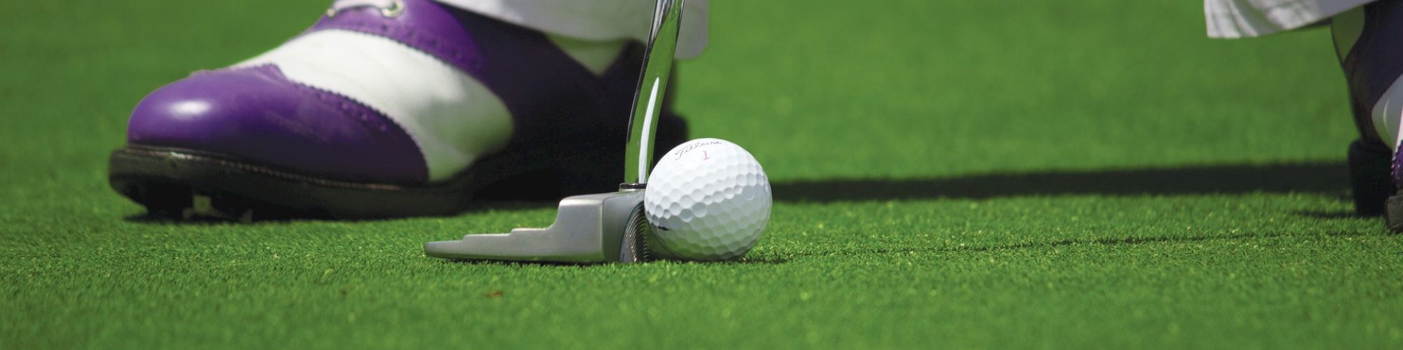 A person in white pants and purple shoes is playing golf, preparing to hit the ball with a putter on a green surface.