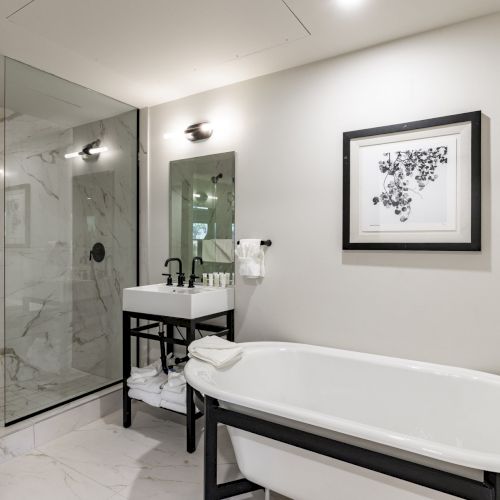 A modern bathroom features a bathtub, glass-enclosed shower, sink, and framed artwork on the wall, creating a sleek, minimalist design.