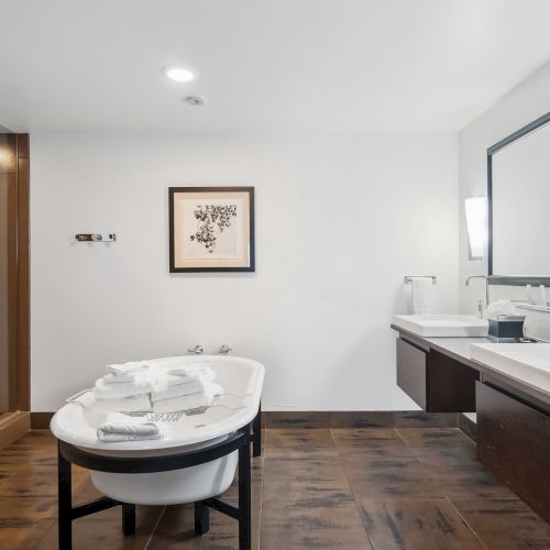 A modern bathroom featuring a freestanding tub, a large mirror, a double sink vanity, and a walk-in shower, all on wooden flooring.