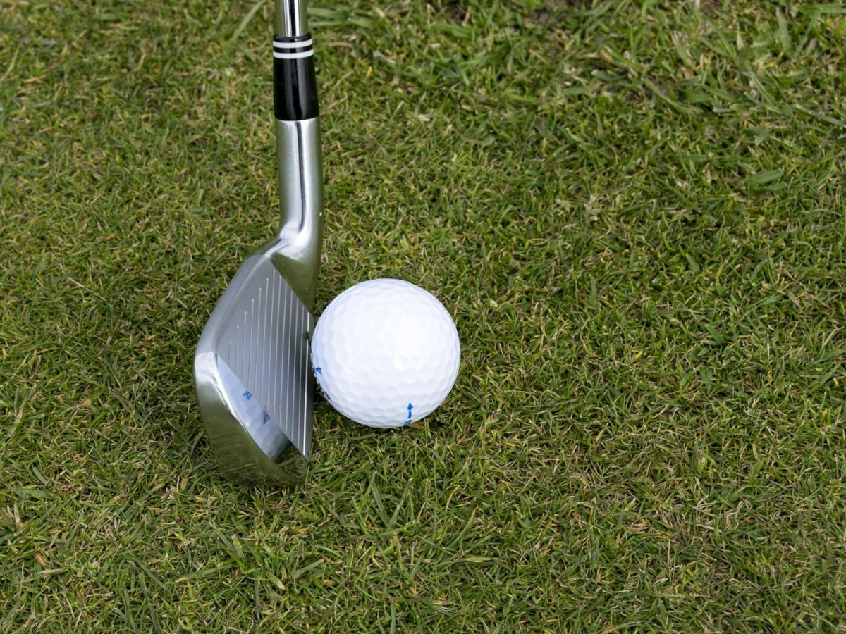 A golf club is positioned next to a golf ball on a grassy surface, ready for a swing.