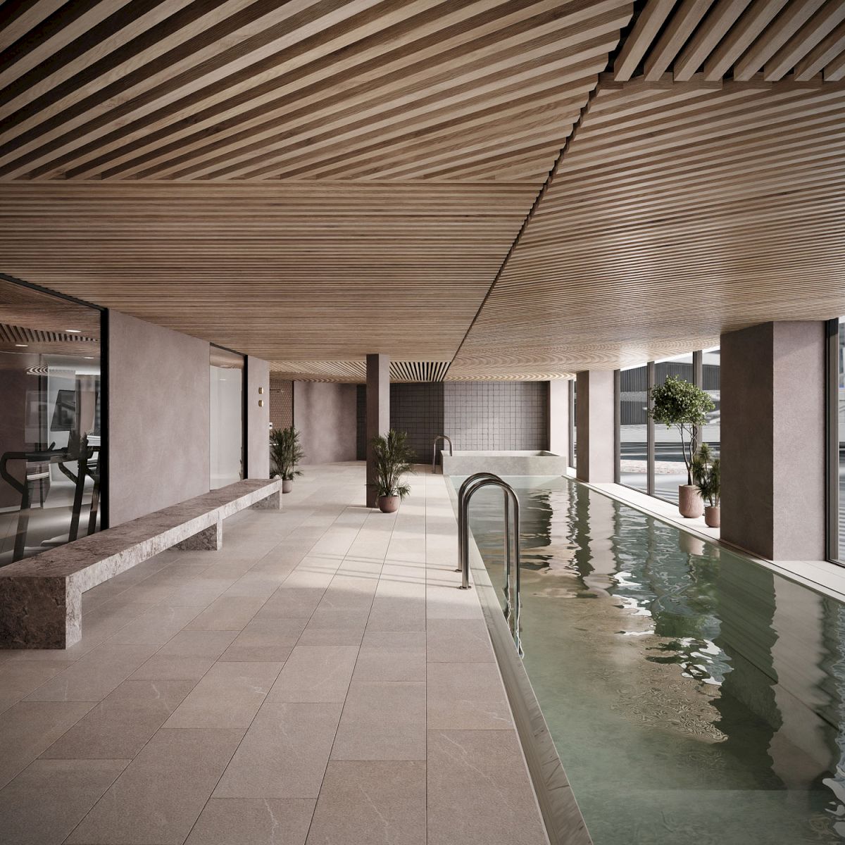 A sleek indoor spa with a narrow swimming pool, tiled floor, planters, and slatted wooden ceilings.