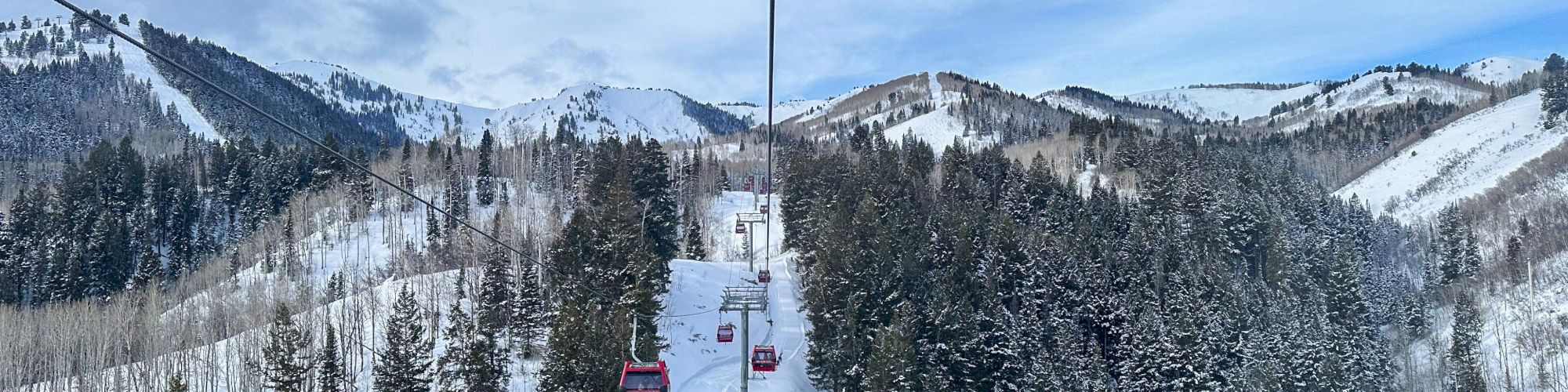Snowy mountain ski slopes with evergreen trees and a chairlift carrying riders through a winter landscape.