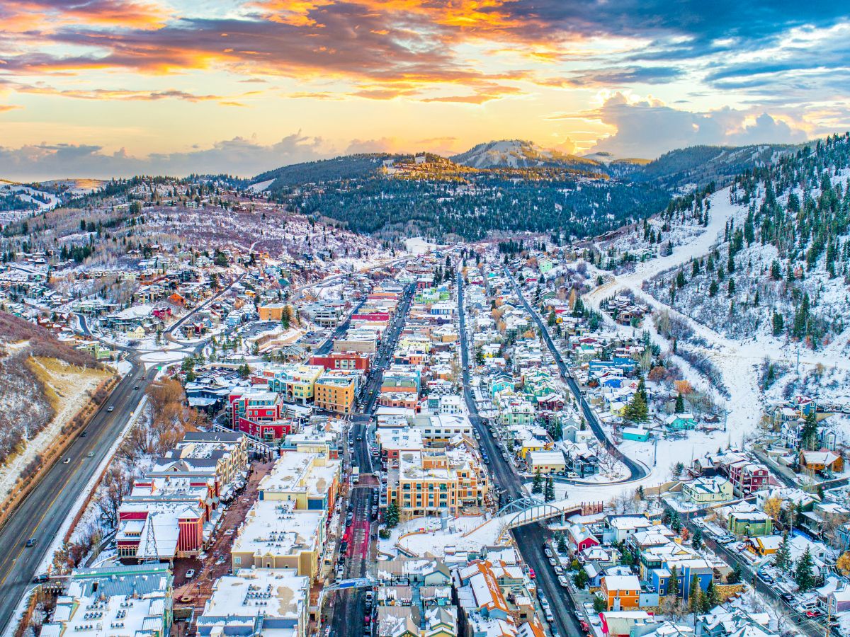 Aerial winter view of Park City Utah at Sunset near Main & Sky
